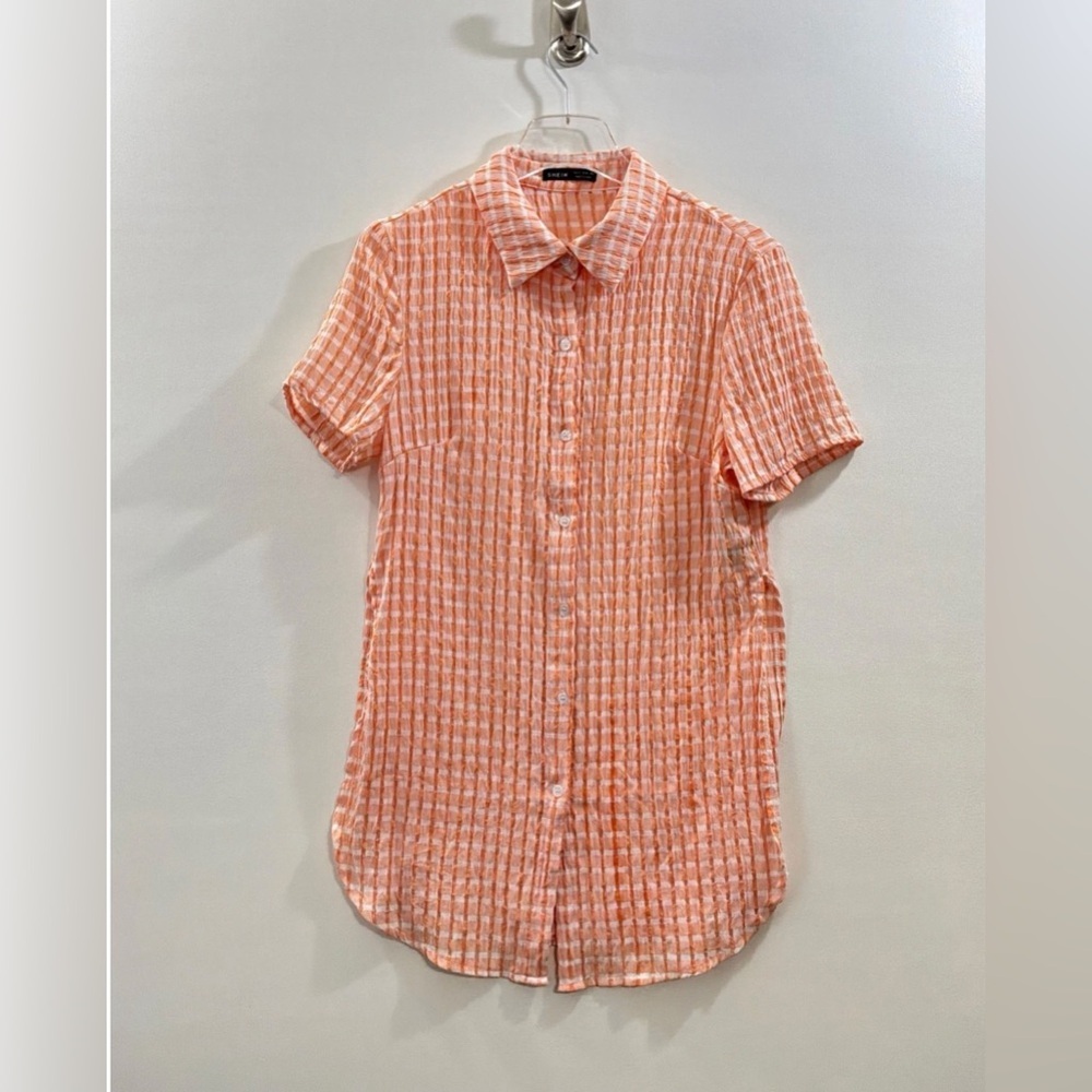 SHEIN Peach Check Short-Sleeve Button Down Shirt